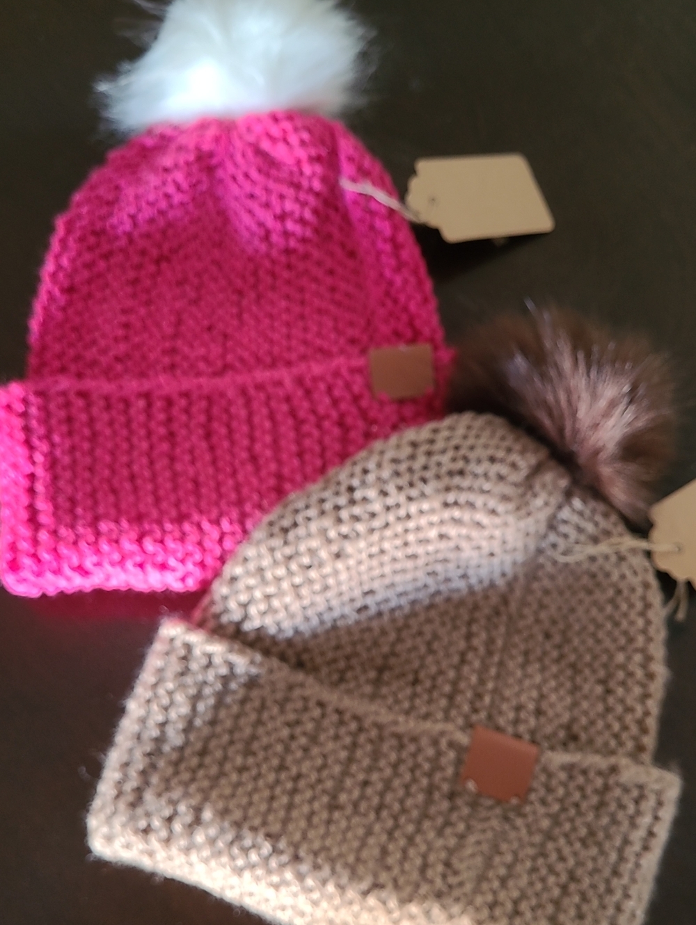 Womens Knit Pom Beanie - Pink and Tan